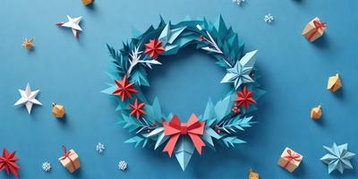 The primary subject of the image is a paper wreath, which is a three-dimensional representation of a traditional wreath made from paper. The wreath is designed with a blue and red color scheme, giving it a festive and holiday appearance. The setting of the image is a blue surface, which serves as the background for the paper wreath. The visual style of the image is a combination of digital art and illustration, as the paper wreath is skillfully crafted and presented in a visually appe